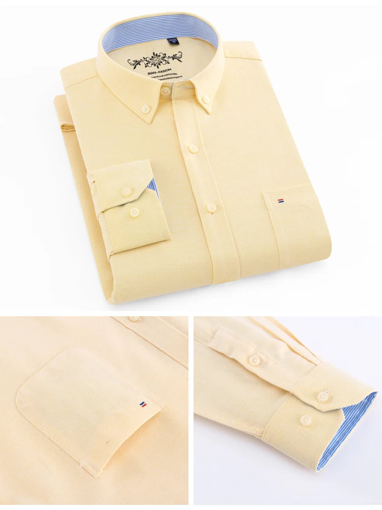 Camisa Masculina Manga Longa | Estilo Casual Elegante | Xadrez Listrado, Tecido Oxford, Bolso Frontal – Algodão com Poliéster