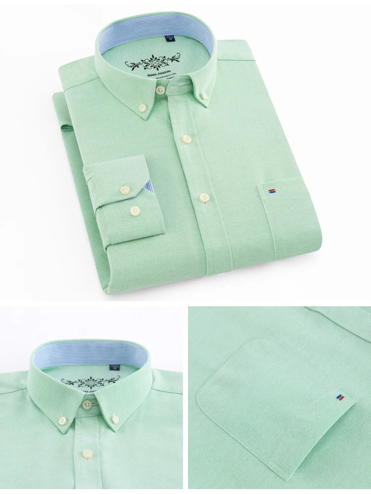 Camisa Masculina Manga Longa | Estilo Casual Elegante | Xadrez Listrado, Tecido Oxford, Bolso Frontal – Algodão com Poliéster