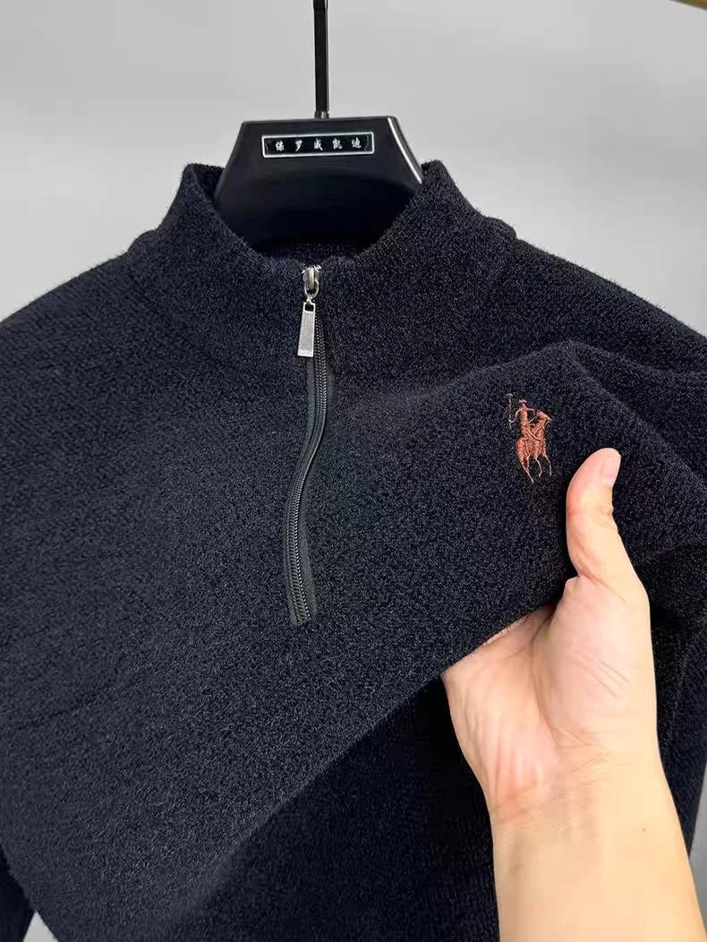 Pulôver Masculino de Inverno com Zíper Frontal — Malha Espessa, Bordado Fino e Acabamento Premium