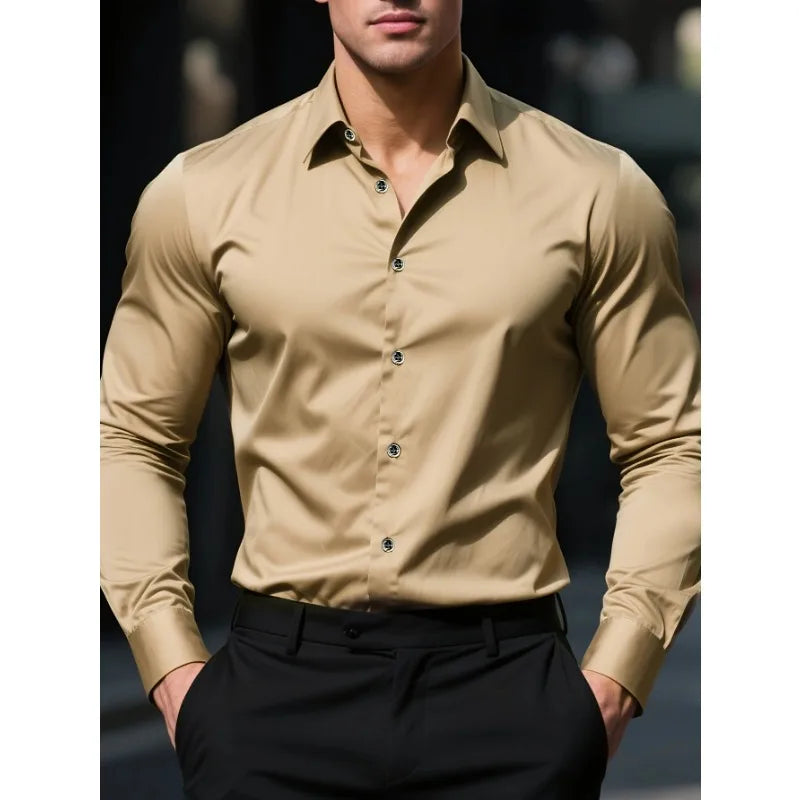 Camisa Masculina Branca Casual – Manga Longa, Tecido Elástico e Linha Essencial em Design Sólido