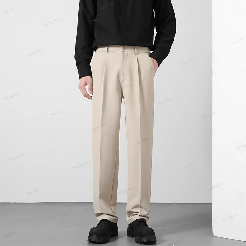 Calça Masculina Casual com Cintura Elástica — Estilo Coreano, Corte Reto e Cores Sóbrias