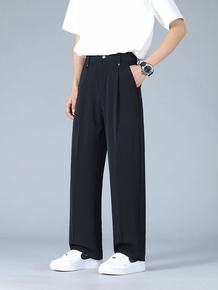 Calça Masculina Business Casual 8XL — Corte Reto em Poliéster Leve, Modelagem Solta e Cós Elástico