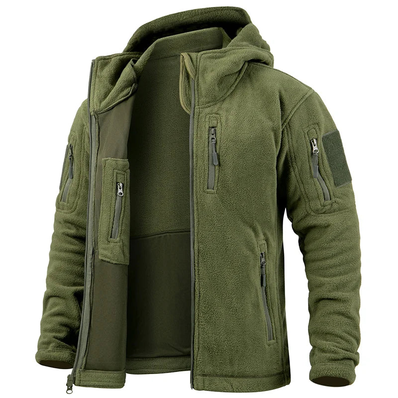 Casaco Masculino Tático com Fleece Interno | Capuz, Abertura Total, Multibolsos – Performance Térmica para Climas Frios