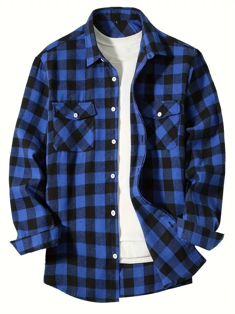 Camisa Masculina de Algodão Escovado | Manga Longa, Xadrez Vermelho – Estilo Casual e Executivo para Primavera e Outono