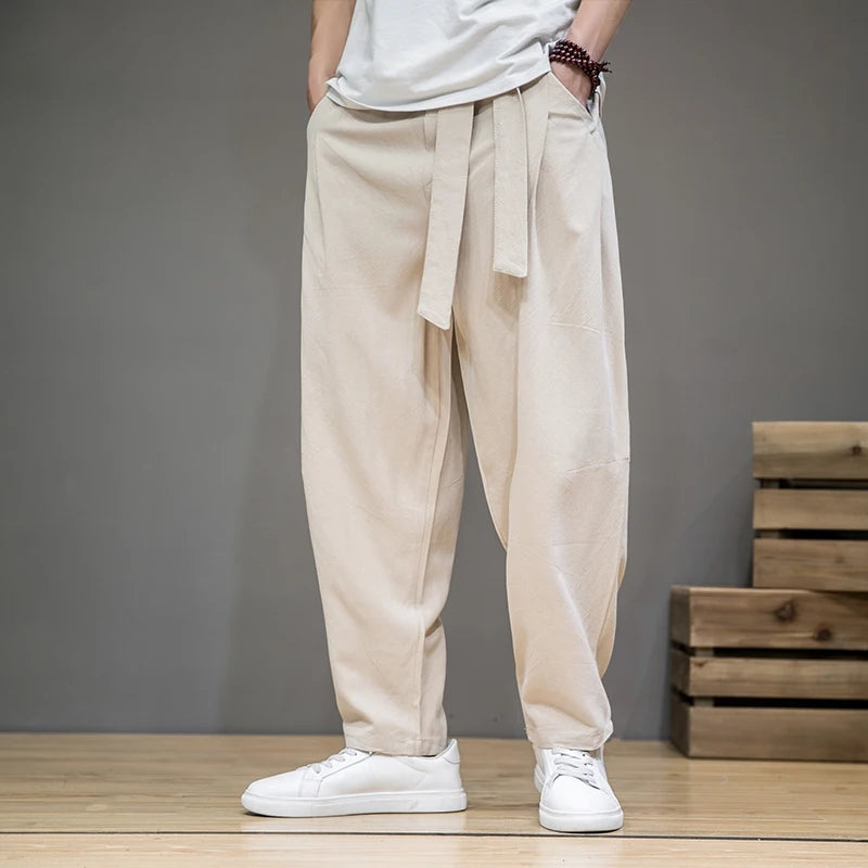 Calça Masculina em Algodão e Linho | Modelagem Ampla com Cintura Elástica | Estilo Tradicional Chinês para Meia-Estação