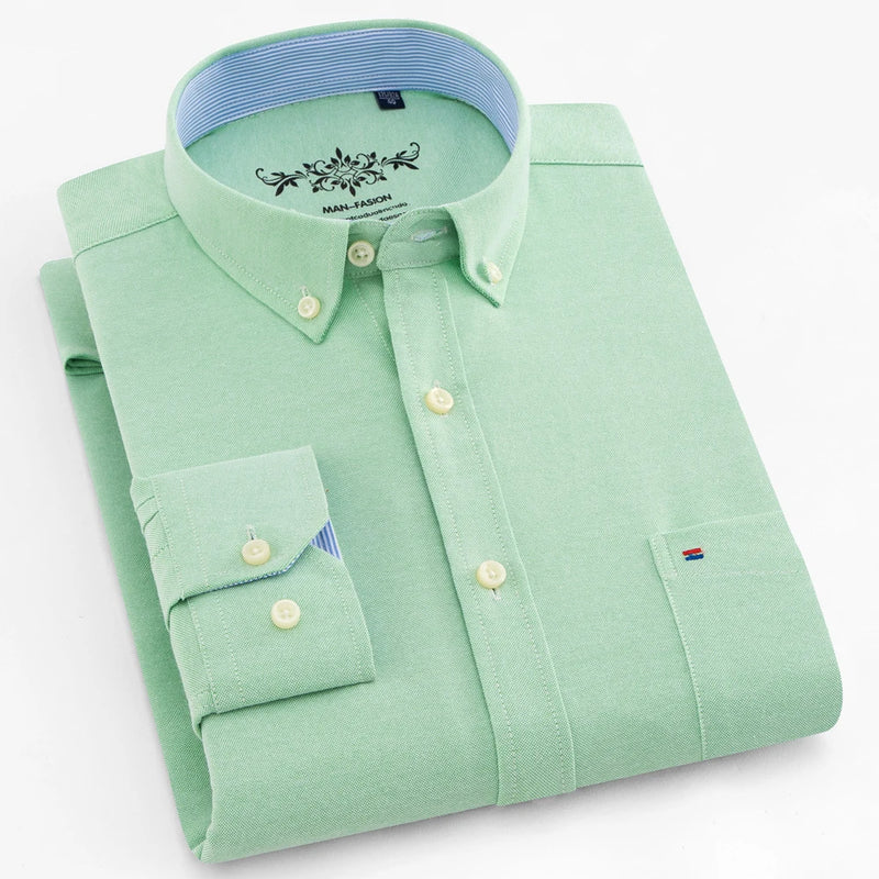Camisa Masculina Manga Longa | Estilo Casual Elegante | Xadrez Listrado, Tecido Oxford, Bolso Frontal – Algodão com Poliéster
