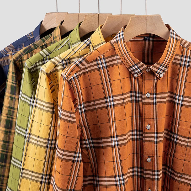 Camisa Masculina Slim Fit em Algodão | Manga Longa, Padrão Xadrez – Estilo Casual com Influência Vintage