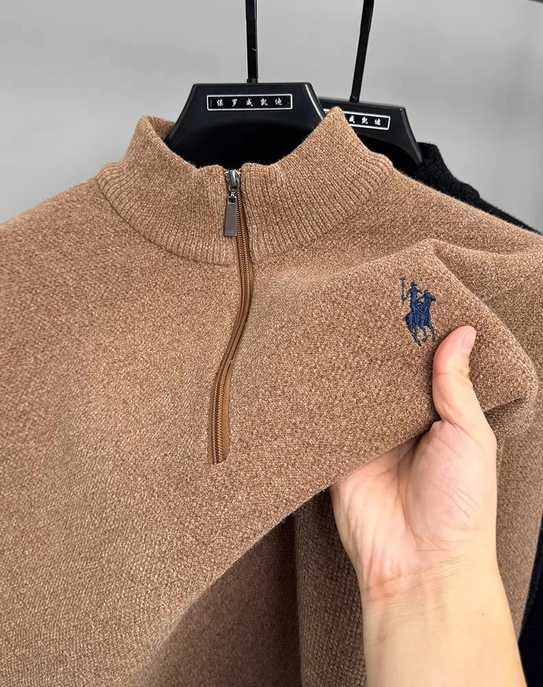 Pulôver Masculino de Inverno com Zíper Frontal — Malha Espessa, Bordado Fino e Acabamento Premium