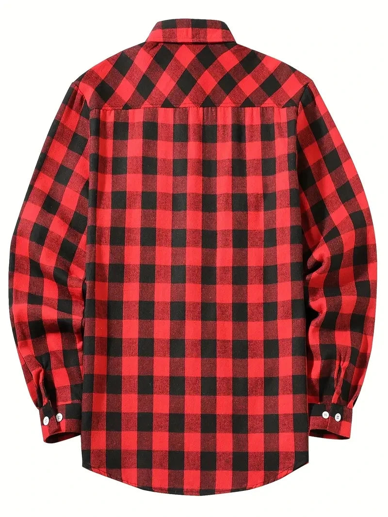 Camisa Masculina de Algodão Escovado | Manga Longa, Xadrez Vermelho – Estilo Casual e Executivo para Primavera e Outono