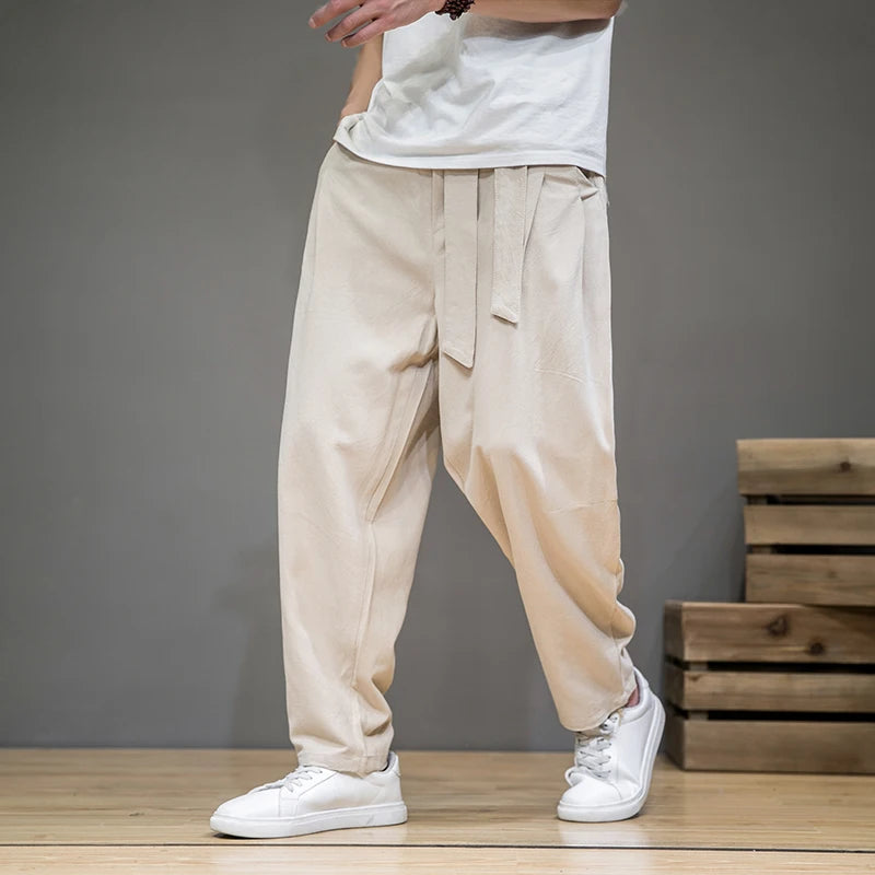 Calça Masculina em Algodão e Linho | Modelagem Ampla com Cintura Elástica | Estilo Tradicional Chinês para Meia-Estação