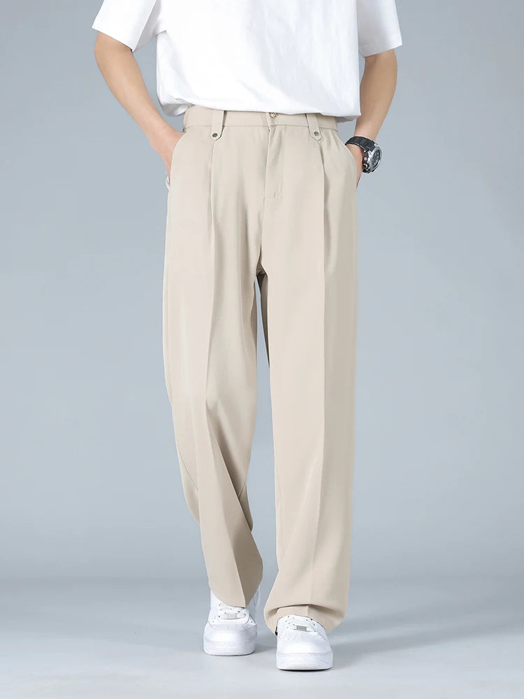 Calça Masculina Business Casual 8XL — Corte Reto em Poliéster Leve, Modelagem Solta e Cós Elástico