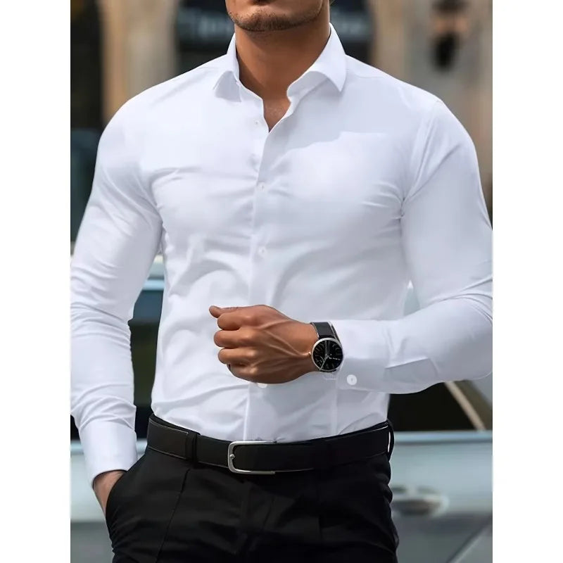 Camisa Masculina Branca Casual – Manga Longa, Tecido Elástico e Linha Essencial em Design Sólido
