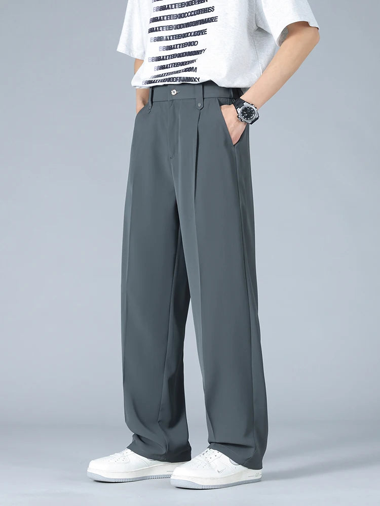 Calça Masculina Business Casual 8XL — Corte Reto em Poliéster Leve, Modelagem Solta e Cós Elástico