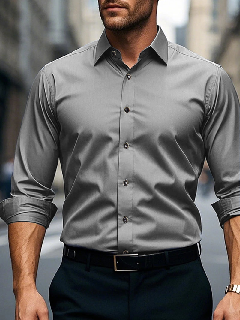 Camisa Masculina Branca Casual – Manga Longa, Tecido Elástico e Linha Essencial em Design Sólido