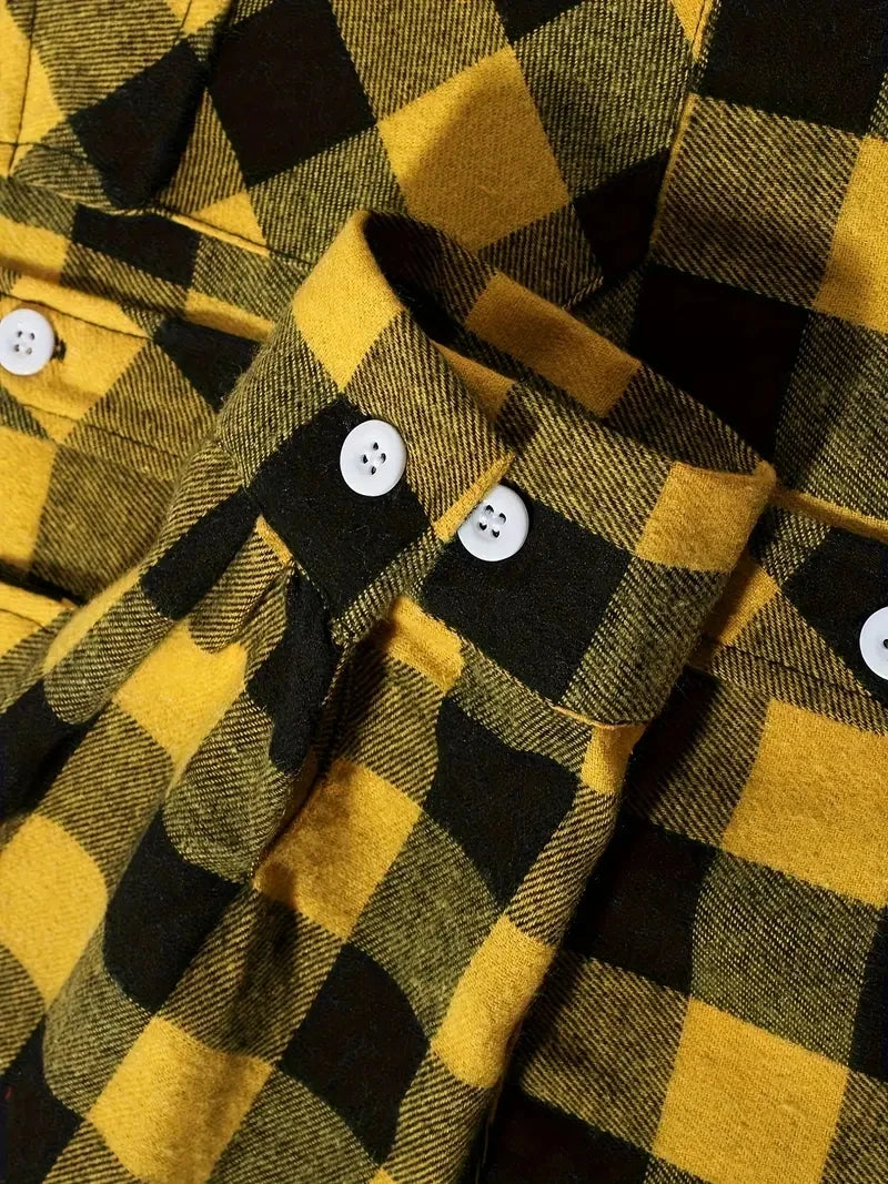 Camisa Masculina de Algodão Escovado | Manga Longa, Xadrez Vermelho – Estilo Casual e Executivo para Primavera e Outono