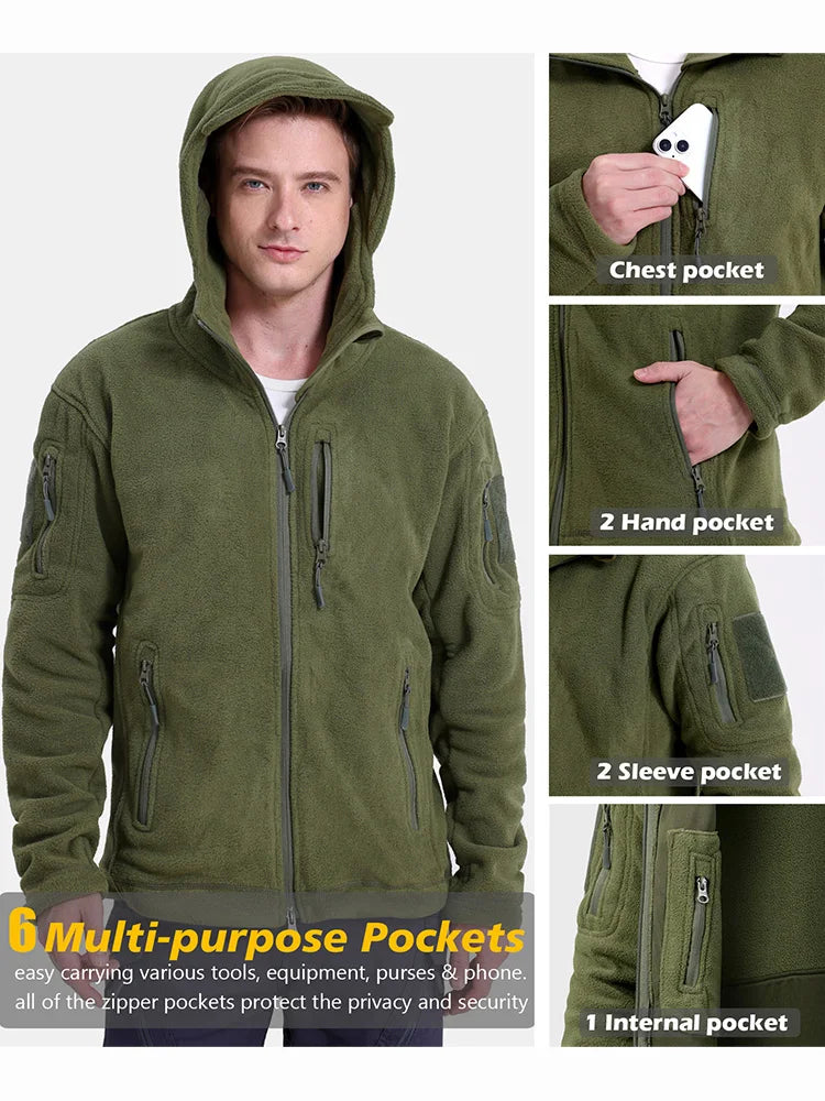 Casaco Masculino Tático com Fleece Interno | Capuz, Abertura Total, Multibolsos – Performance Térmica para Climas Frios