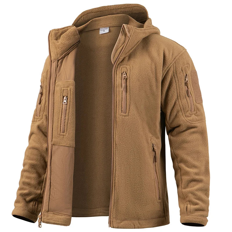 Casaco Masculino Tático com Fleece Interno | Capuz, Abertura Total, Multibolsos – Performance Térmica para Climas Frios