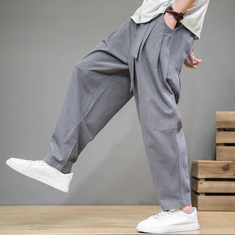 Calça Masculina em Algodão e Linho | Modelagem Ampla com Cintura Elástica | Estilo Tradicional Chinês para Meia-Estação