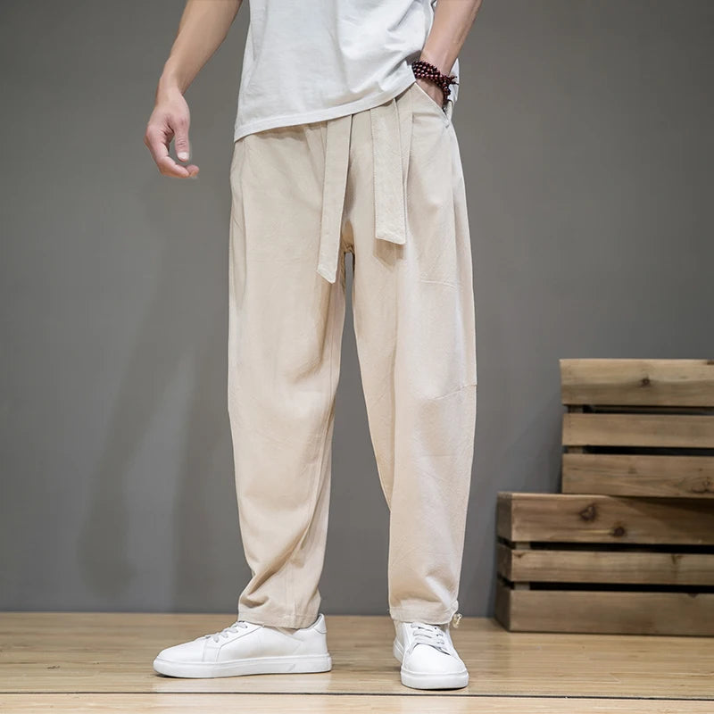 Calça Masculina em Algodão e Linho | Modelagem Ampla com Cintura Elástica | Estilo Tradicional Chinês para Meia-Estação