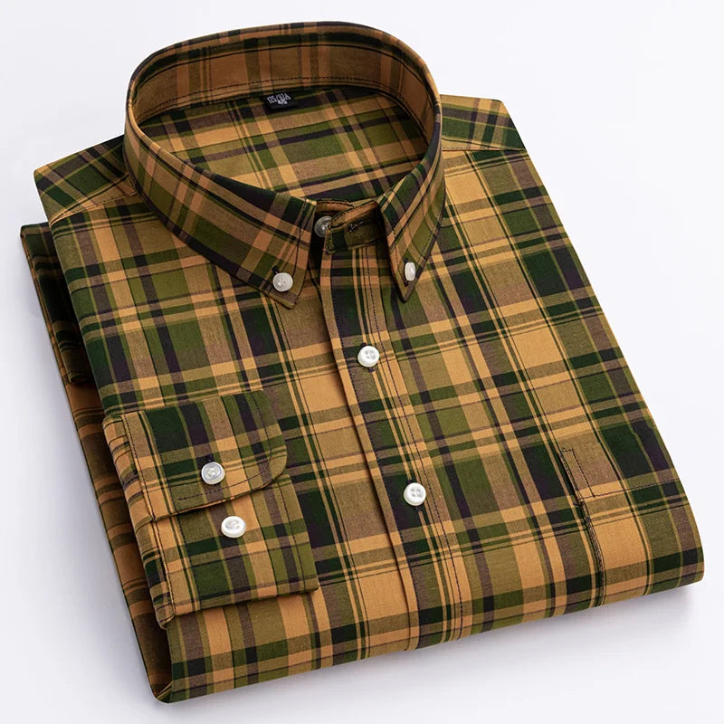 Camisa Masculina Slim Fit em Algodão | Manga Longa, Padrão Xadrez – Estilo Casual com Influência Vintage