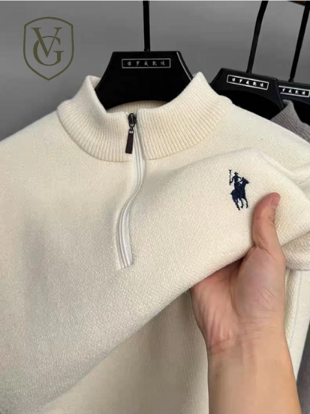 Pulôver Masculino de Inverno com Zíper Frontal — Malha Espessa, Bordado Fino e Acabamento Premium