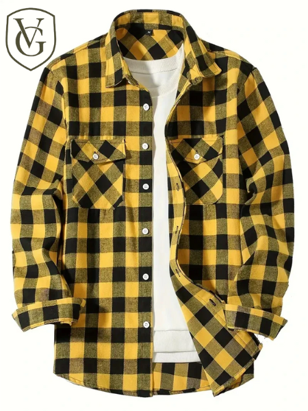 Camisa Masculina de Algodão Escovado | Manga Longa, Xadrez Vermelho – Estilo Casual e Executivo para Primavera e Outono