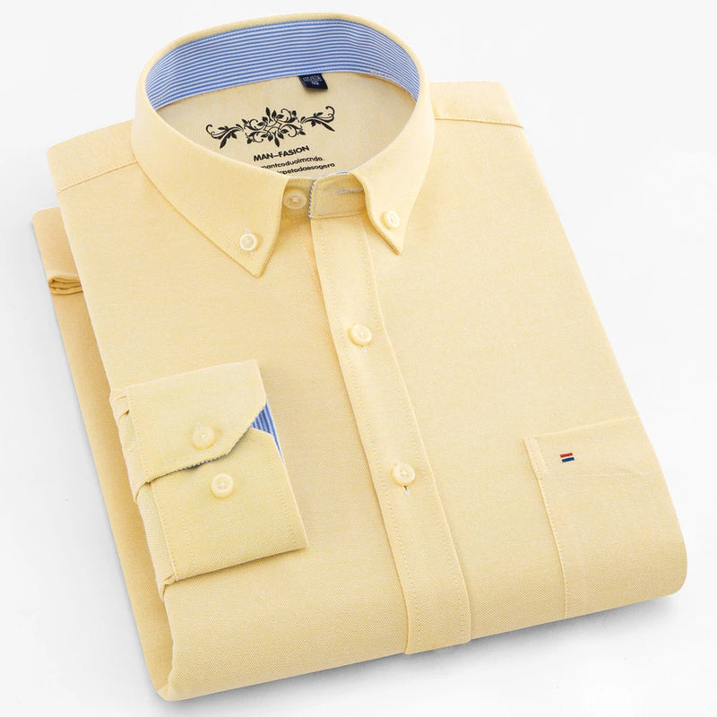 Camisa Masculina Manga Longa | Estilo Casual Elegante | Xadrez Listrado, Tecido Oxford, Bolso Frontal – Algodão com Poliéster