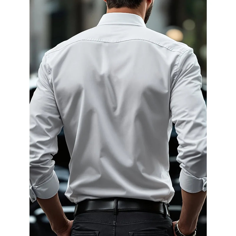 Camisa Masculina Branca Casual – Manga Longa, Tecido Elástico e Linha Essencial em Design Sólido