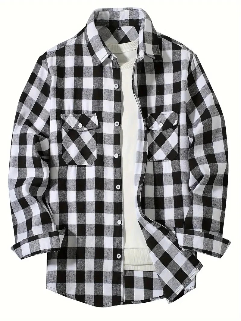 Camisa Masculina de Algodão Escovado | Manga Longa, Xadrez Vermelho – Estilo Casual e Executivo para Primavera e Outono