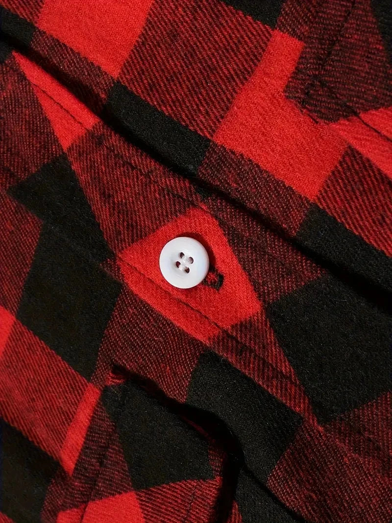 Camisa Masculina de Algodão Escovado | Manga Longa, Xadrez Vermelho – Estilo Casual e Executivo para Primavera e Outono