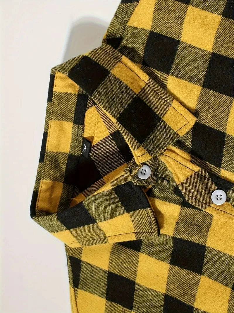 Camisa Masculina de Algodão Escovado | Manga Longa, Xadrez Vermelho – Estilo Casual e Executivo para Primavera e Outono