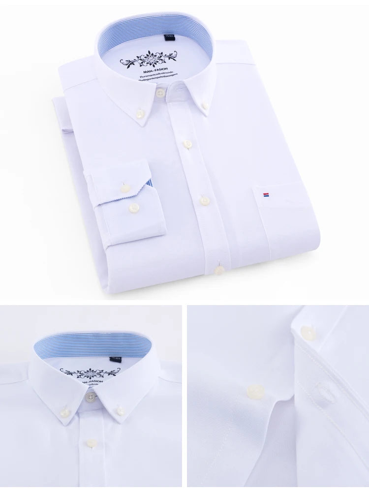 Camisa Masculina Manga Longa | Estilo Casual Elegante | Xadrez Listrado, Tecido Oxford, Bolso Frontal – Algodão com Poliéster